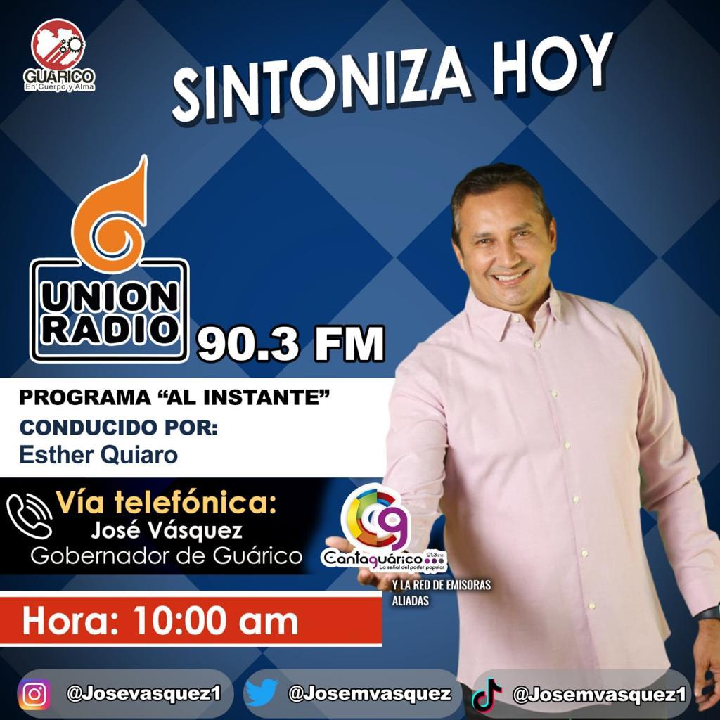 Hoy #21Jul a las 10:00 am, sintoniza el programa #AlInstate conducido por la Periodista <a href="/estherquiaro1/">@estherquiaro</a>, a través de <a href="/Unionradionet/">Unión Radio</a>, quien hará contacto telefónico con nuestro Gob. <a href="/josemvasquez/">José Vásquez</a>.

¡NO TE LO PIERDAS!

<a href="/Gob_Guarico/">Gobierno de Guárico</a>
#Guarico
#LaGMVVLlegoAVillaZamora
#VamosPaLante