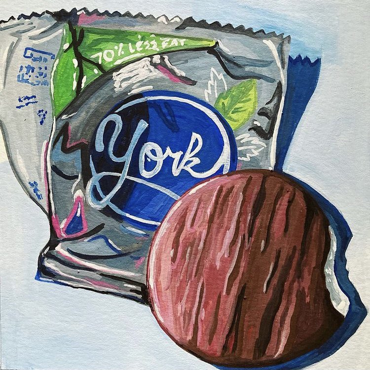 Does anyone actually like these things? Gouache on 6x6 inch paper, available here griffintylerart.com/shop/p/h4ueaes… #painting #painter #art #artwork #artistsontwitter #artist #candy #candylover #yorkpeppermint #artforsale