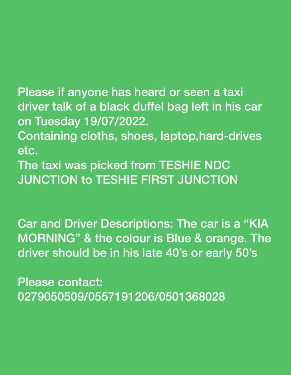 bossbryanone's tweet photo. My best friend forgot his luggage in a taxi at Teshie. It contains his work laptop and hard drives. He’s a graphic designer so all his lifetime portfolio and works are on it. Please help me share and find the driver. Please 🙏🏼 https://t.co/AOVaxdcK4D