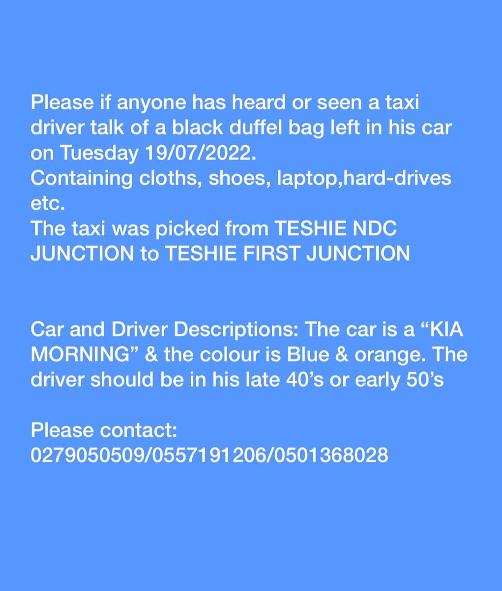 bossbryanone's tweet photo. My best friend forgot his luggage in a taxi at Teshie. It contains his work laptop and hard drives. He’s a graphic designer so all his lifetime portfolio and works are on it. Please help me share and find the driver. Please 🙏🏼 https://t.co/AOVaxdcK4D