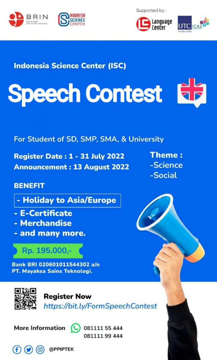 Let's join SPEECH CONTEST 🤗

Pendaftaran Speech Contest dapat buka link bit.ly/FormSpeechCont…

Informasi lebih lanjut silahkan hubungi:
0811-1155-444 atau
0811-1199-444

#SpeechContest