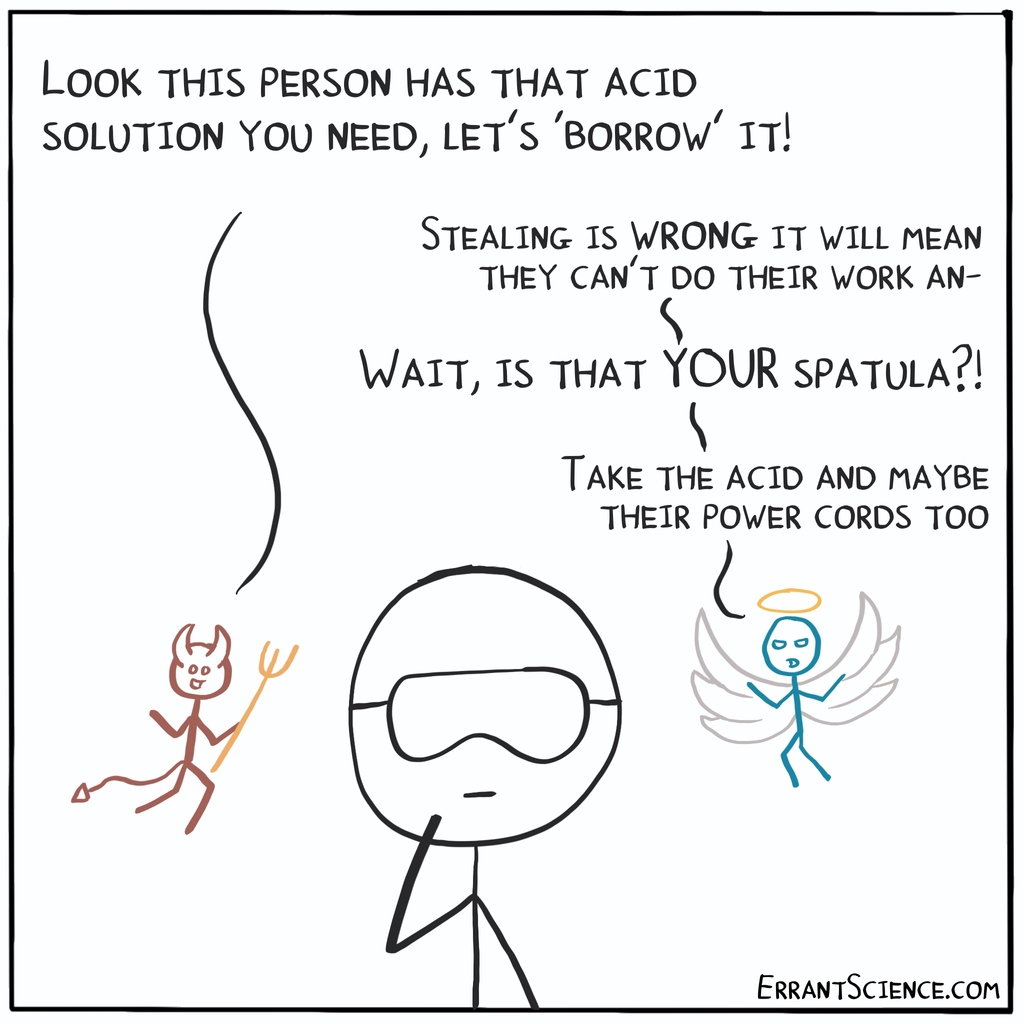 ErrantScience's tweet photo. Lab ethics go out the window when someone steals my equipments. 

#cartoons #comic #academia #science #research #errantscience https://t.co/NuPTUxmg4A
