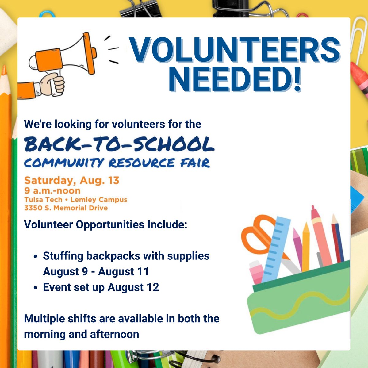 Calling all volunteers! We need some help with our upcoming Back to School event. Multiple opportunities are available August 9 - August 12 in two or three hour increments. View more details and sign up at volunteer.tauw.org/back-to-school! #LiveUnited #Volunteer