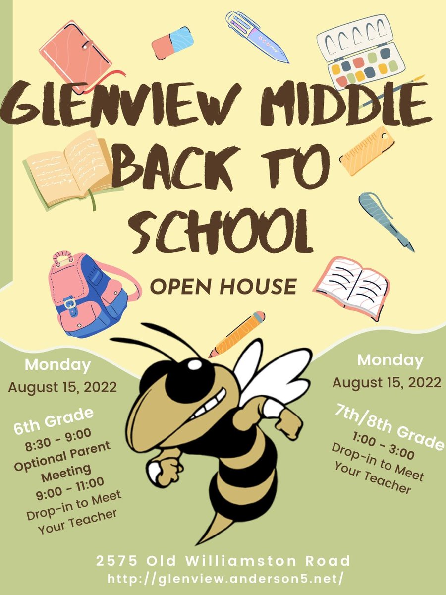 glenview_middle's tweet photo. Our Back to School Open House is on Monday, August 15.  There's an optional 6th grade parent meeting from 8:30 – 9:00. Parents of 6th graders can meet their 6th grade teachers &amp; related arts 9:00–11:00. Parents of 7th/8th graders may drop-in to visit teachers 1:00– 3:00. #GMSbuzz https://t.co/dcrkWx61M5