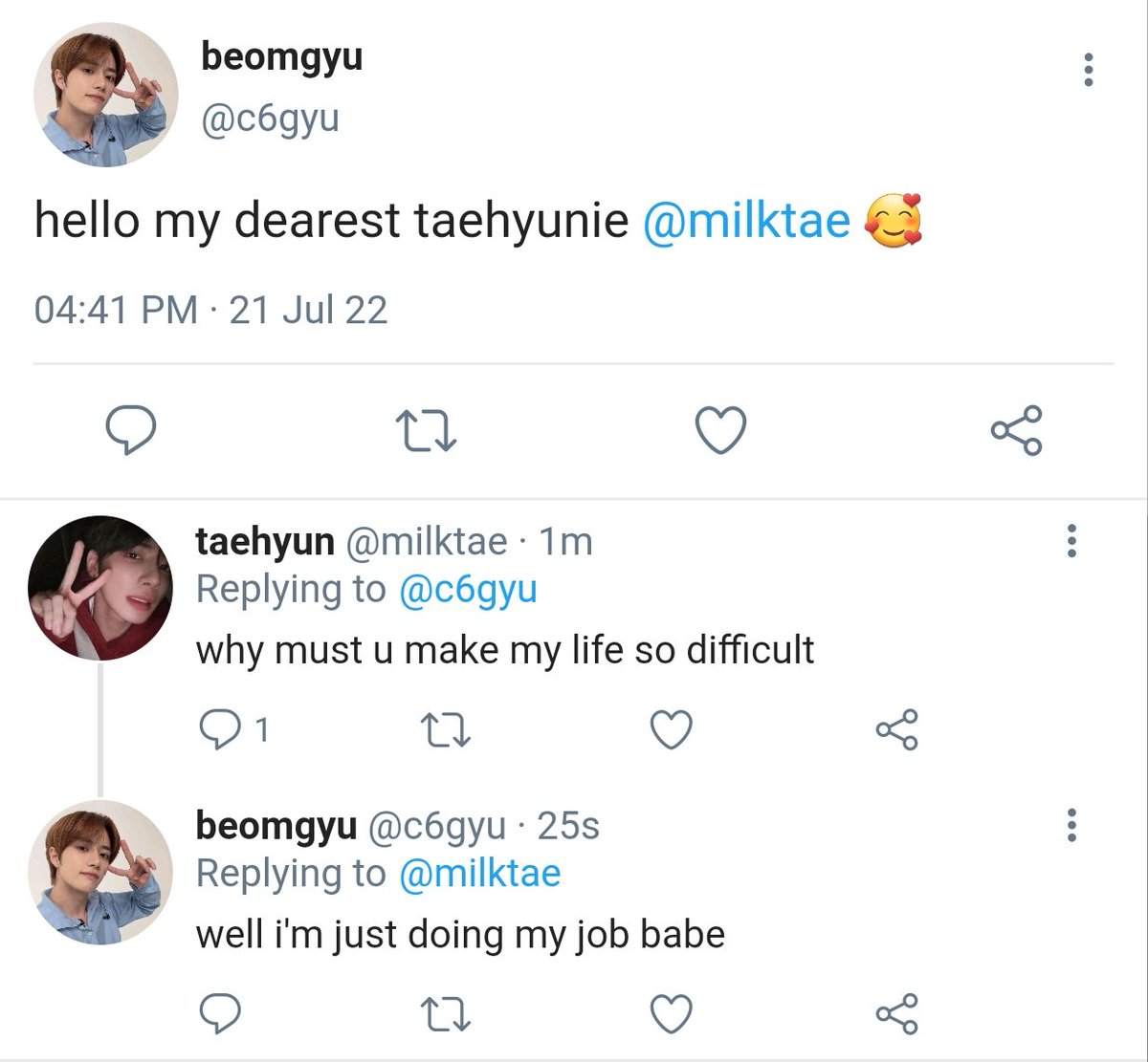 beomingly's tweet photo. a taegyu au wherein... 

taehyun works at a café and beomgyu is his annoying friend who follows him everywhere, including the same café taehyun works at. may it be because he likes annoying taehyun 'til he explodes or he enjoys taehyun's presence a little too much, no one knows. https://t.co/LofFfV6tgn