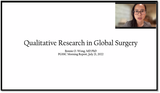 BHedtGauthier's tweet photo. **Qual Research in Global Surgery** 

Graduating scholar Bonnie Wong (@surganthro) shared her thoughts on how to push the field to be more reflective, engaged, and open to various questions and ideas.

Congrats, B, and thanks for your thoughtful work over the year.

@HarvardPGSSC https://t.co/4E9z2u3vFa