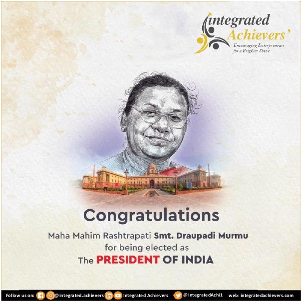 IntegratedAchi1's tweet photo. Hearty congratulations to Maha Mahim Rashtrapati Smt. @draupadimurmupr Ji for being elected as the New President of India.💐
.
.
#draupadimurmu #India #presidentofindia #tribal #womenempowerment #DraupadiMurmuJi #India #IntegratedAchievers #interatedachieversaward https://t.co/DhM6bPfhJA