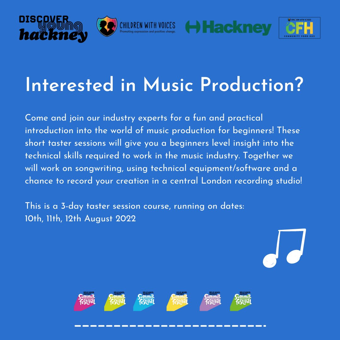 Kickstart your creative journey with 
<a href="/ChildrenWV/">Children With Voices</a> Join taster sessions in film, sustainable fashion, and music production. You will learn new skills and have loads of fun! Sessions start w/c Aug 3. 
Sign up here: bit.ly/DYHEvents  
<a href="/younghackney/">Young Hackney</a> <a href="/LoveHackney/">Love Hackney</a> #DYH22