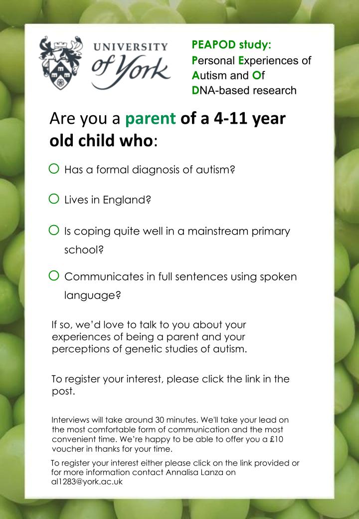 SpcialNdsJungle's tweet image. Are you a parent of a 4-11 yr old #autistic child who copes quite well (or even thrives) in a mainstream school?

Researchers @UniOfYork would like your views on the controversial subject of genetic research and autism . They offer a £10 voucher in thanks: york.qualtrics.com/jfe/form/SV_3a…