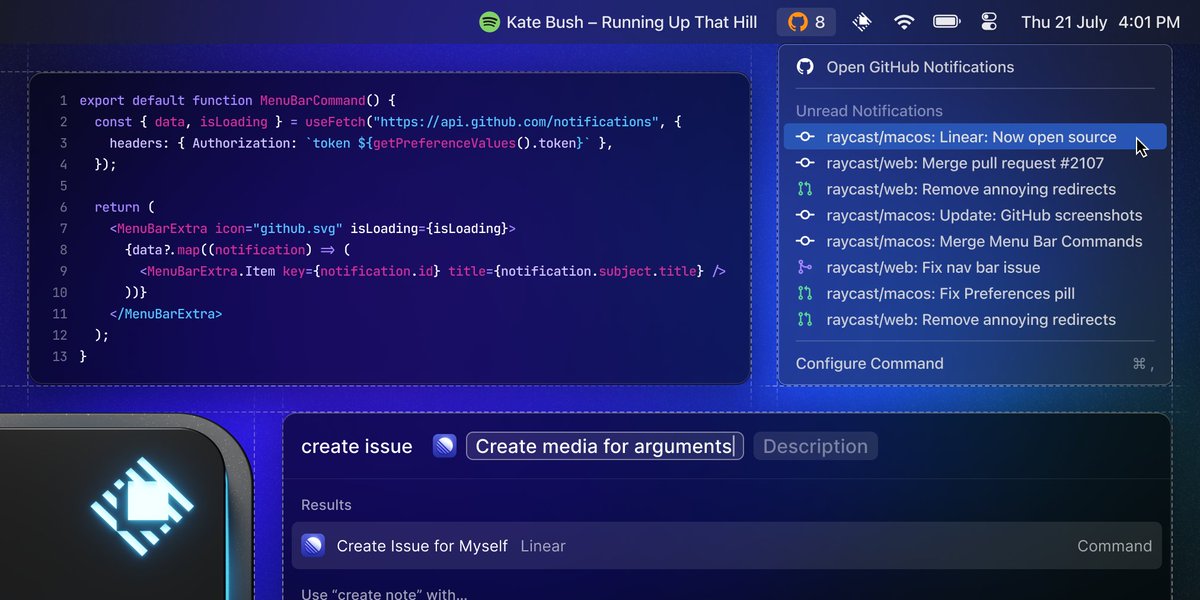 raycast's tweet image. So, what’s on the menu for the API?
🍫 Introducing Menu Bar Commands!

Plus…
📂 Open sourced @linear Extension
🔄 Background refreshes
🤬 Arguments for quick entries
🪝 React hooks to streamline builds

Read about the full list of updates to our API 👉 raycast.com/blog/making-ou…
