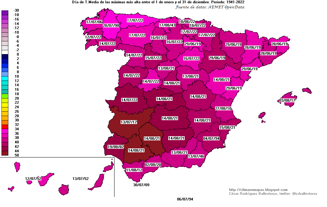 crballesteros's tweet photo. Acabo de actualizar en #ClimaEnMapas la entrada '¿Sabes qué días han sido los de temperatura máxima más elevada desde 1941?', y cinco de los diez más cálidos corresponden a los días 13, 14, 15, 16 y 17 de este sofocante mes de julio de 2022.
https://t.co/qtKS2F2pGK https://t.co/CM81r95vrT