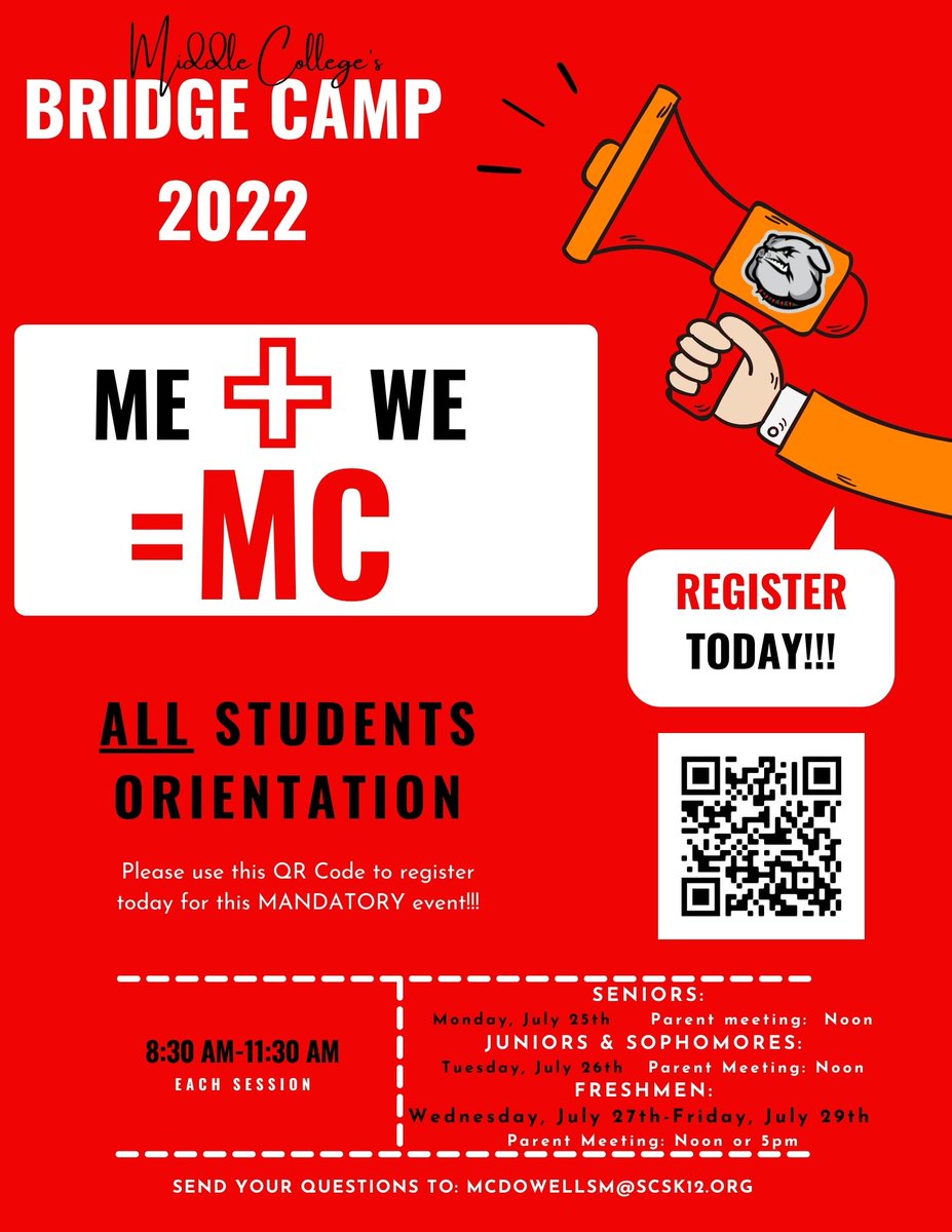 Bulldog Fam!!! Have you registered for Bridge Camp yet?! Bridge Camp is for EVERYONE this year!!! Please register today!!! #WeAreMiddleCollege
