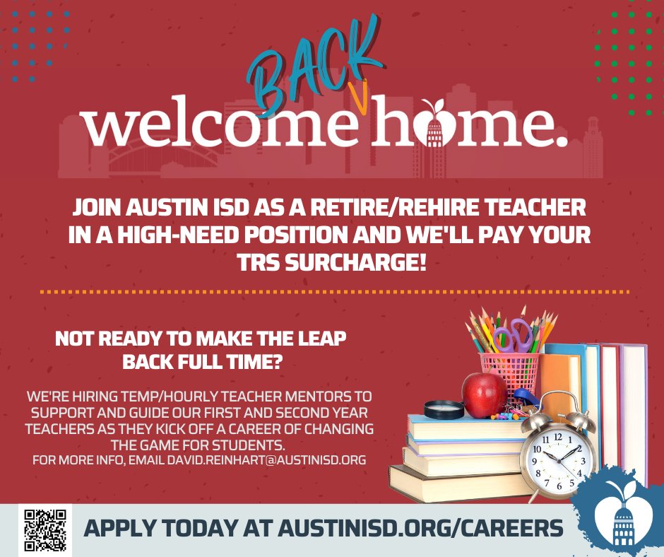 Join us for a District-Wide Job Fair on Monday, July 25th from 9-11 a.m. at every Austin ISD campus!
Visit any of our campuses and potentially walk away with a new, game-changing career!

See open positions at austinisd.org/careers
RSVP at bit.ly/jointeamaisd