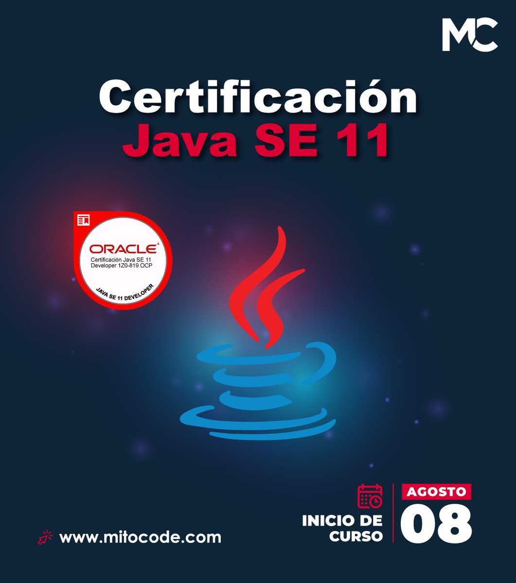 mitocode's tweet image. ¡Hey, coder! 🙋🏻 🙋🏻♂️. Te presentamos algunos motivos por los cuales debes certificarte en Java 👨🏻💻👩🏻💻
✅ Certificación Java SE 11
📆 Inicio: 08 de Agosto
📲 buff.ly/3KDjKnW
#mitocode #programacion #programador #tecnologia #certificacionjava #java #javase