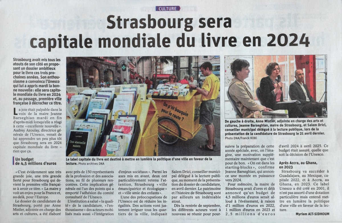 Félicitations à la ville de #strasbourg, désignée #capitalemondialedulivre pour l'année 2024 !  
@strasbourg @dnatweets #Livre #Littérature #UNESCO