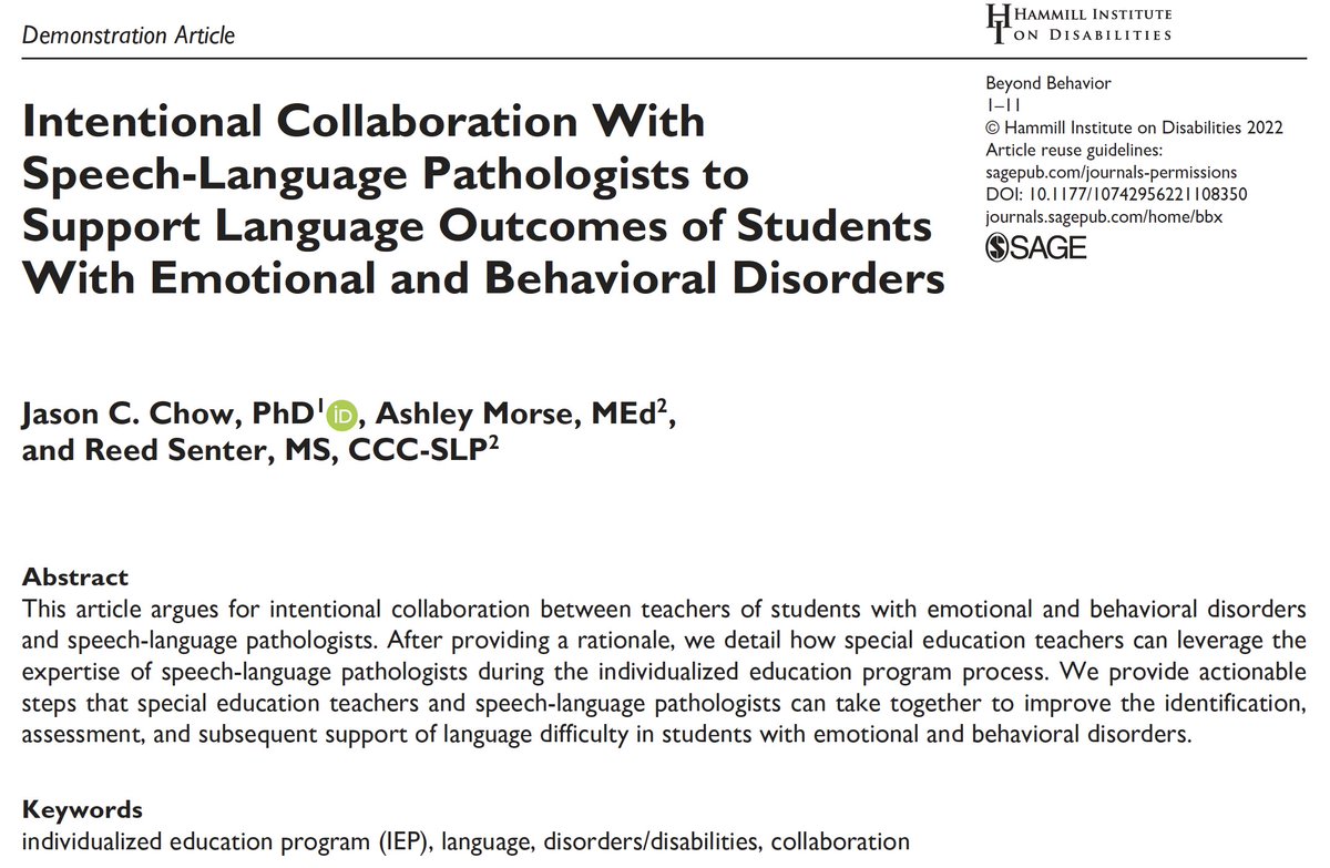 Jason Chow (@jasonchow) on Twitter photo In our new article, we (<a href="/AshleyLMorse1/">Ashley Morse</a> <a href="/rrsenterSLP/">Reed Senter</a>) provide suggestions for how #specialed teachers & speech-language pathologists can use the #IEP process to support the #language outcomes of students with #EBD.
Link: journals.sagepub.com/doi/full/10.11โฆ
Preprint: researchgate.net/publication/36โฆ In our new article, we (<a href="/AshleyLMorse1/">Ashley Morse</a> <a href="/rrsenterSLP/">Reed Senter</a>) provide suggestions for how #specialed teachers & speech-language pathologists can use the #IEP process to support the #language outcomes of students with #EBD.
Link: journals.sagepub.com/doi/full/10.11โฆ
Preprint: researchgate.net/publication/36โฆ