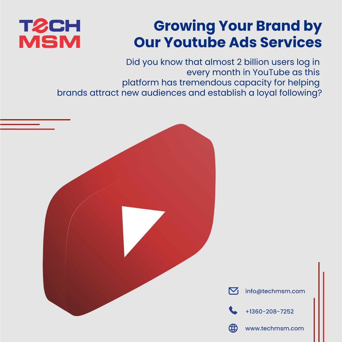 TechMSM1's tweet image. Did you know that almost 2 billion users log in every month on YouTube as this platform has a tremendous capacity for helping brands attract new audiences and establish a loyal following? Do Contact Us today to get customized ads
#techmsm #onlineadvertising #digitalmarketing