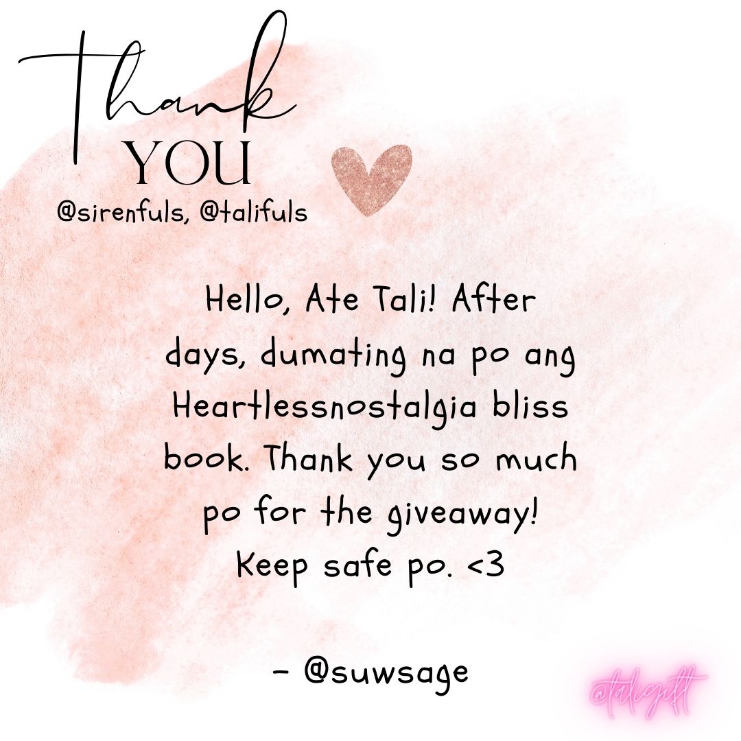 suwsage's tweet photo. เผโก โ
Thank you so much po ulit, Ate
@talifuls , @sirenfuls , @readlovenotes
for the giveaway! My first ever heartlessnostalgia book has been received and is genuinely appreciated! Have a good time ahead. (โฟหตใปโกใปหต)
๐ท: #taligift
: https://t.co/BrtNvjNHMu
... https://t.co/SBNUlITvh4