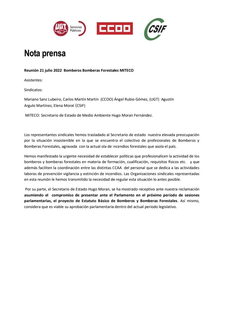 CCOOGeacam's tweet photo. 📢ÚLTIMA HORA SOBRE LA REUNIÓN ESTATAL CON D. HUGO MORÁN SOBRE EL ESTATUTO DEL BOMBERO Y LA BOMBERA FORESTAL.
👇🏾👇🏾👇🏾
Nota prensa
Reunión 21 julio 2022 Bomberos Bomberas Forestales MITECO https://t.co/OEHEqbFtz3