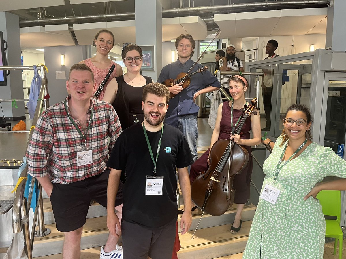 jmpcummings's tweet photo. What a #collaboration @AlicePoppleton 🎻👫🎹A suitably beaming team after performing and recording lullabies written and performed by ESOL students at @NewCityCol lyrics heartfelt beyond belief…obligatory props, lighting and choreo 🪩Thanks @E_N_O #language #sing #communicate https://t.co/B8MBKbHLVU