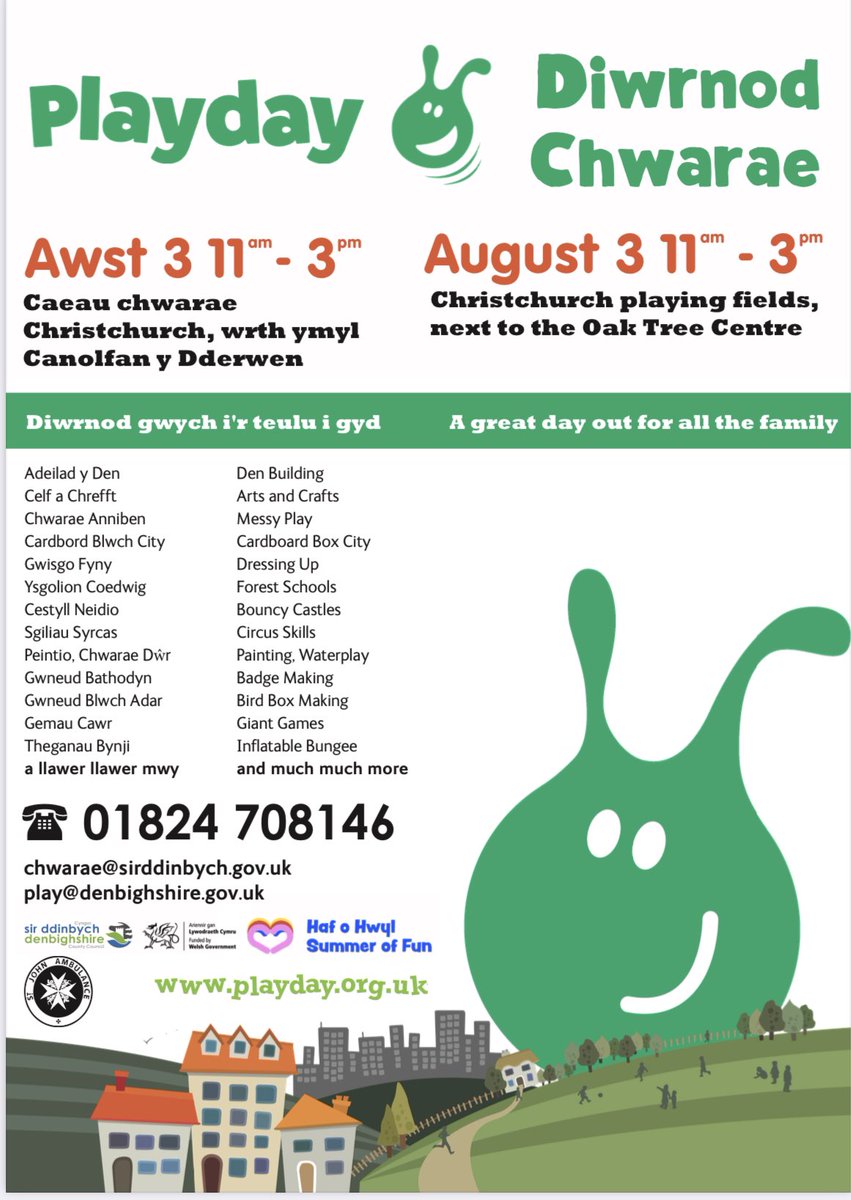 We will be celebrating National Playday in Rhyl (Christchurch school field) on Wednesday 3rd August 11am-3pm. Come and join us for loads of fun! 
Event link - fb.me/e/22y1CiVzO