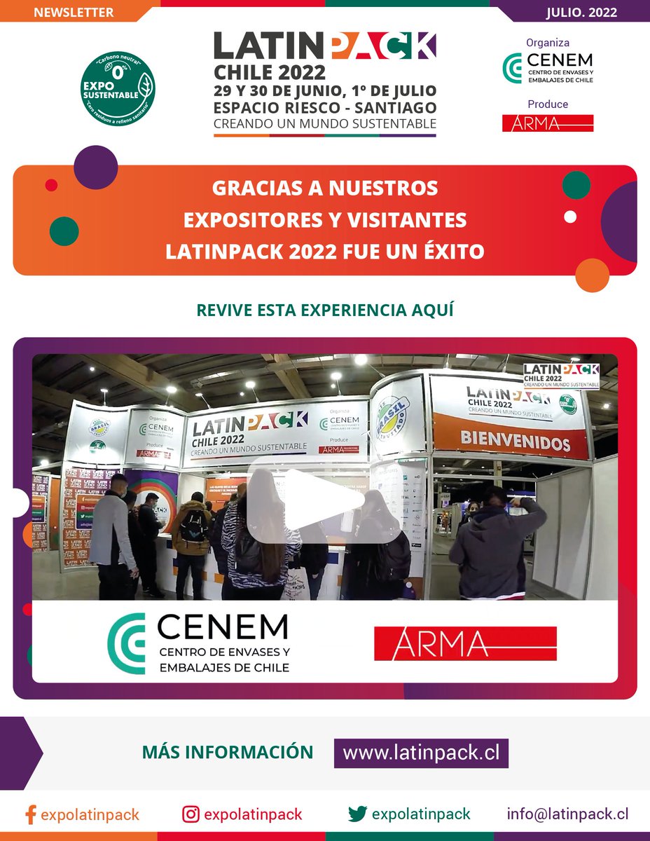 Revive la fiesta del packaging: #LatinPackCHILE2022, realizada del 29  junio al 1 julio en <a href="/EspacioRiesco/">Espacio Riesco</a>, en donde la industria de envases y embalajes y su cadena de valor, se volvió a re encontrar de forma presencial. 

👉 Revisa el video: latinpack.cl/NEWS/News-vide…

<a href="/CENEM_CHILE/">CENEM</a>
