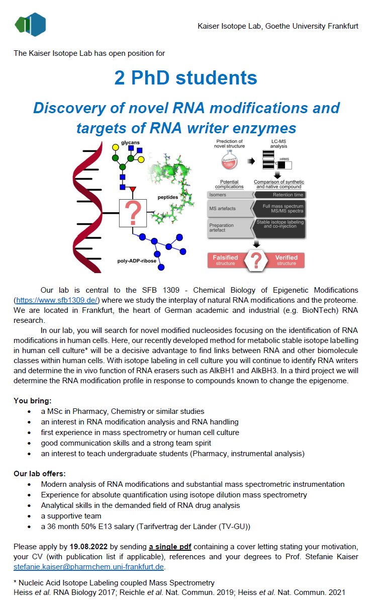 Are you interested to decipher the role of RNA modifications in chemical epigenetics? Join our Team @goetheuni and discover new aspects of the epitranscriptome within the #SFB1309 @LMU_Muenchen 
Please visit kaiser-lab.de for more information.