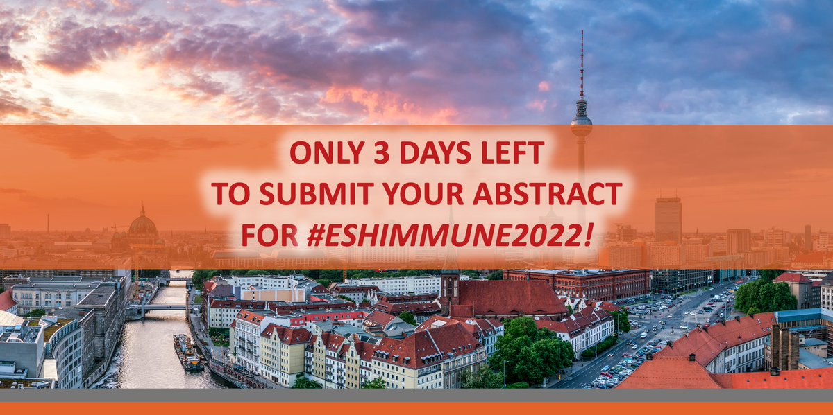 ⚠#ESHIMMUNE2022 THIS IS THE FINAL LAP: SUBMIT YOUR ABSTRACT BEFORE JULY 24!
Proceed now ➡ bit.ly/3sQLUEH
2nd Translational Research Conference
IMMUNE &amp; CELLULAR THERAPIES
Sept 12-14, 2022 in Berlin 🇩🇪
Chairs: C. Bonini, M. Hudecek, S. Riddell
#ESHCONFERENCES #CARTcell