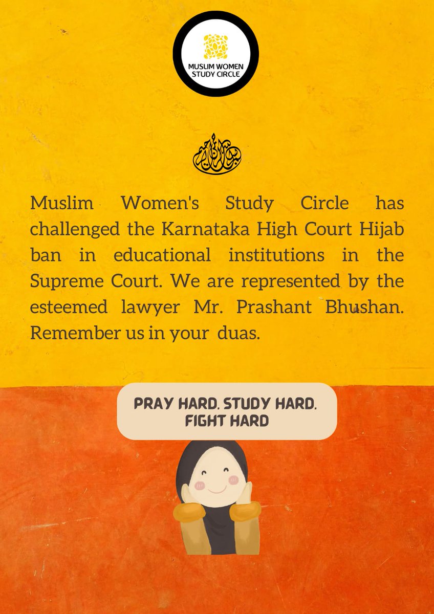 M_W_StudyCircle's tweet photo. We (MWSC) have filed a petition in the Supreme Court of India challenging the Karnataka High Court's judgement on Hijab Ban. 

We are represented by Prashant Bhushan @pbhushan1,
a prominent Lawyer and Human Rights Activist. 

We have faith that we will secure our demands. ✊🏾 https://t.co/ToAkEs6OrR