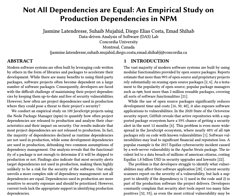 Our paper "Not All Dependencies are Equal: An Empirical Study on Production Dependencies in NPM" is accepted at <a href="/ASE_conf/">ASE 2024</a> ! Thank you to my colleagues <a href="/DiegoEliasCosta/">Diego Elias Costa</a> and <a href="/SuhaibMujahid/">Suhaib Mujahid</a>, and supervisor @EmadShihab for their awesome support. Preprint coming soon!
