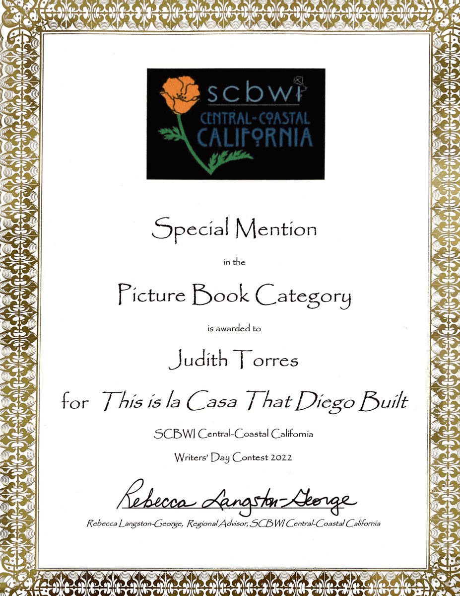 torreswriter's tweet photo. I love SCBWI, and especially our Central California Region. Thanks for the Special Mention Award for my picture book, THIS IS LA CASA THAT DIEGO BUILT. https://t.co/JVCdMDEhB9