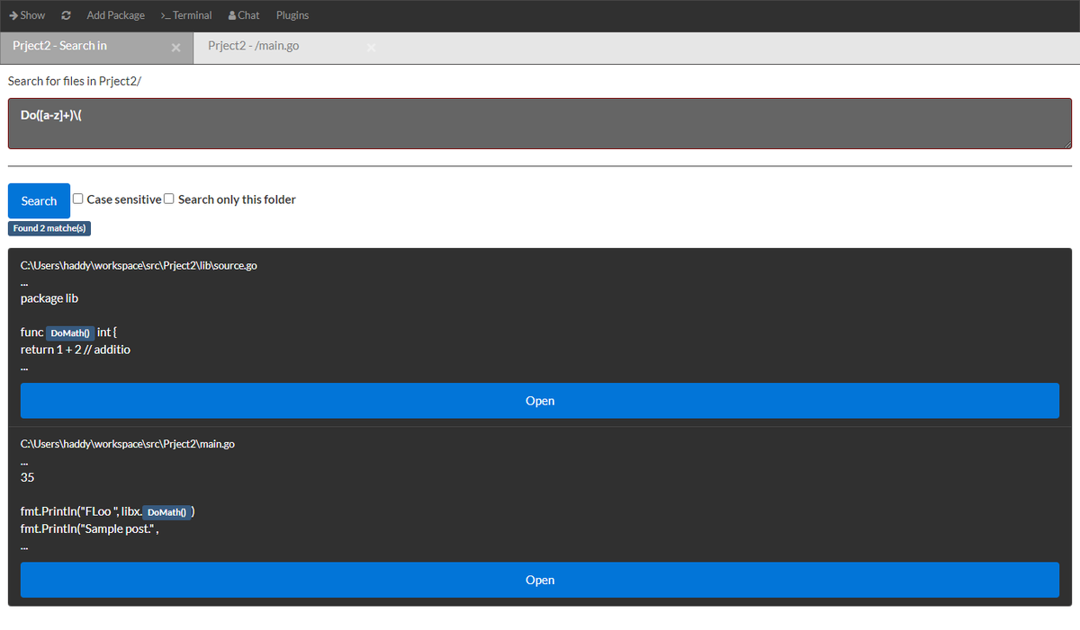 gophersauce's tweet photo. thestrukture/ide now can search your project for specifc, regex text. Check it out : 
https://t.co/aB211vCdXM https://t.co/KPzZgFeRpy
