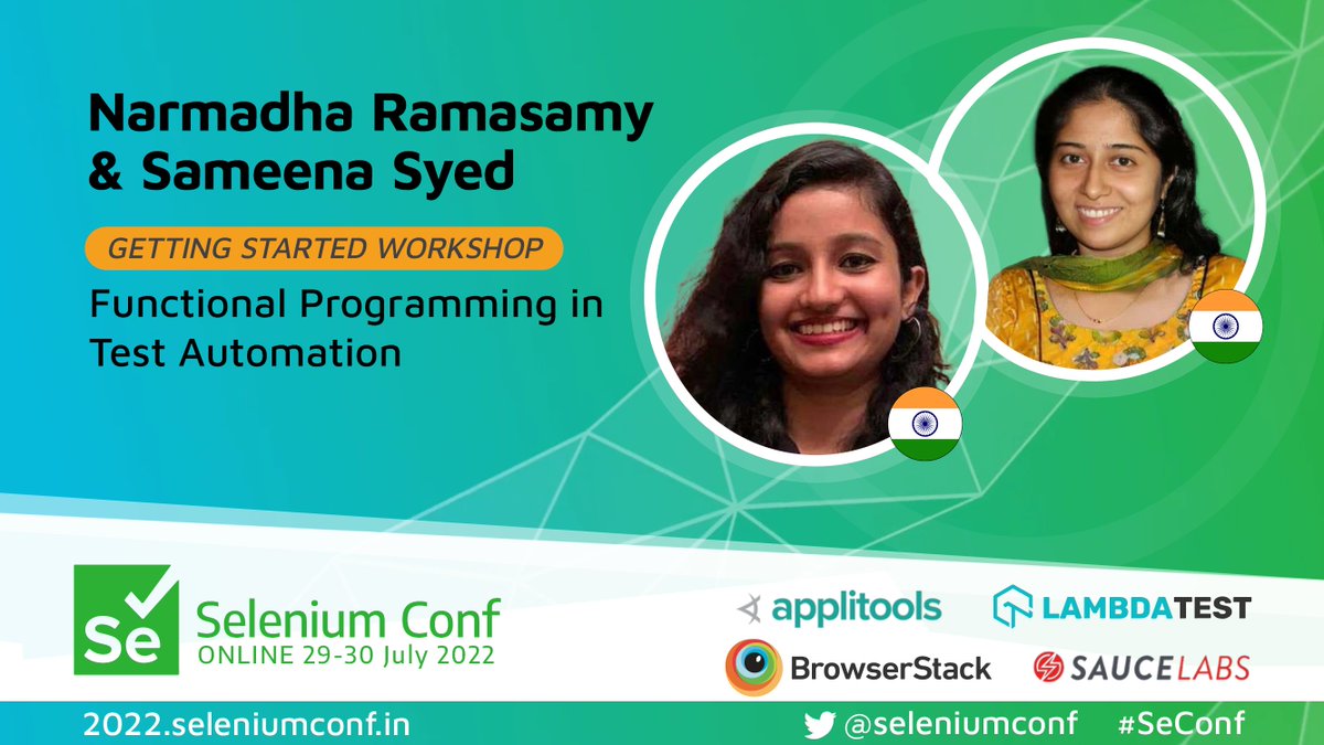seleniumconf's tweet photo. "We will be conducting a workshop on how #FunctionalProgramming can be used in test automation," says Sameena Syed. Read her full interview: https://t.co/Ov24Kwhb5b Don't miss her workshop at #SeConf 2022. Register now!
#SoftwareTesting #TestAtScale #TestDesign https://t.co/BdyHncijxw
