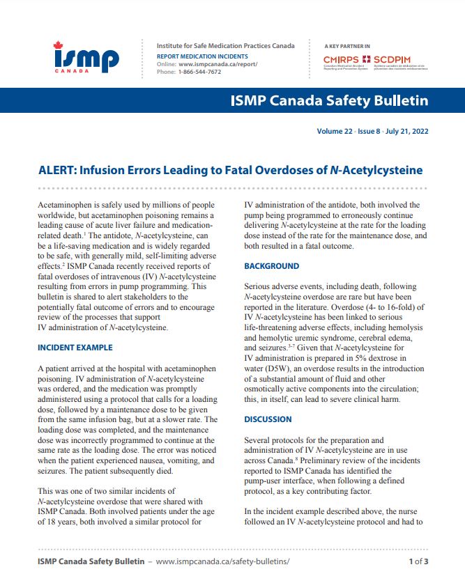 🚨ALERT: Infusion Errors Leading to Fatal Overdoses of N-Acetylcysteine We recently received medication error reports describing fatal overdoses of intravenous (IV) N-acetylcysteine which is used as an antidote to acetaminophen overdose. Learn more➡️ bit.ly/3RUTZnE