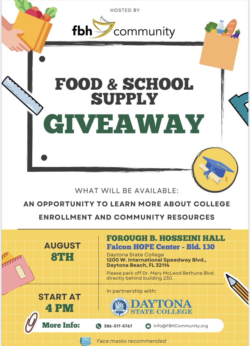 Come out on August 8th at 4pm for FBH Community’s Food and School Supply Giveaway at Daytona State College!!