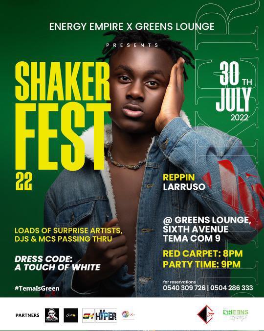 Opresii's tweet photo. Superstar @Larruso_ repping this year’s SHAKERFEST by @SELEKTASHAKER Live @greens_lounge Tema #shakerfest22 #temaisgreen https://t.co/w79kftPY9q