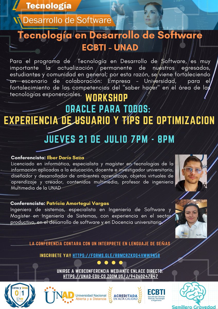 La Tec en desarrollo de software los invita a la sesión 4 del taller Oracle para todos el 21 de Julio 7pm, donde veremos experiencia de usuario a cargo del lic Darío Saza y optimización a cargo de la Ing.Patricia Amórtegui. Inscripción:docs.google.com/forms/d/e/1FAI…