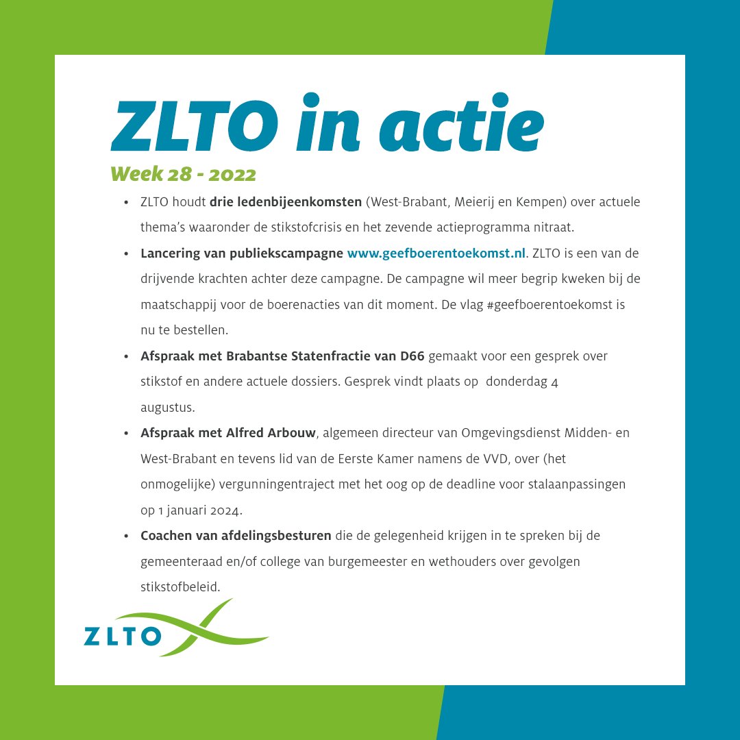 Met ZLTO in actie informeren we je over de belangrijkste acties die we voor jullie afgelopen week hebben ondernomen. Deze keer week 28 met onder meer lancering van de publiekscampagne geefboerentoekomst.nl. Bestel jouw #geefboerentoekomst vlag via: dvc.nl/vlaggen/themav…