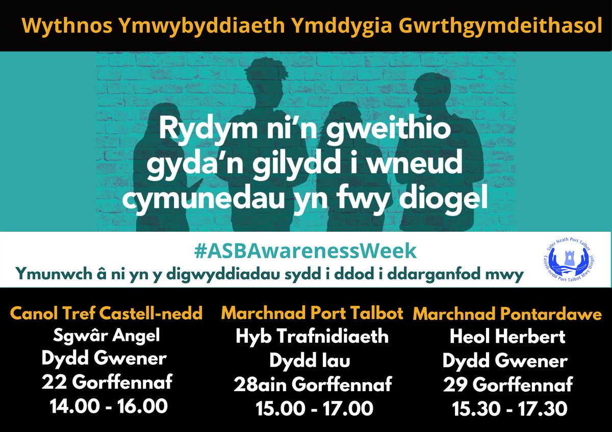 Swyddogion a phartneriaid o Gastell-nedd Port Talbot Mwy Diogel yn y lleoliadau canlynol yn cynnig gwybodaeth a chyngor i gefnogi #ASBawarenessweek 

@SWPNeathPTalbot <a href="/mawwfire/">Tân CGC / MAWW Fire</a> <a href="/TaiTarian/">Tai Tarian</a> @CoastalHousing