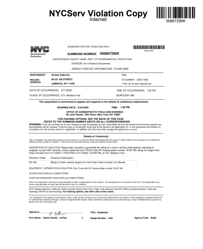 NycOath's tweet photo. @ucelevdesigns A truck owned United Cabs, Inc was cited for idling in NYC, Summons # 000667290K issued by the DEP, currently in default and past due. 
To view details, remit payment, or reschedule hearing, please visit:
https://t.co/lBPeidsyQQ https://t.co/oivaVagdY0