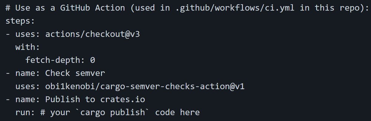 One week in, cargo-semver-checks:
- is available as a GitHub Action 🌟
- is checking itself before `cargo publish` 😇
- gained 4 new checks (for total of 8) 📈
- got prettier output inspired by cargo-nextest by <a href="/sunshowers6/">@rain@hachyderm.io | @sunshowers.io on bsky</a> 🤩

Would love feedback if you try it out! #rustlang