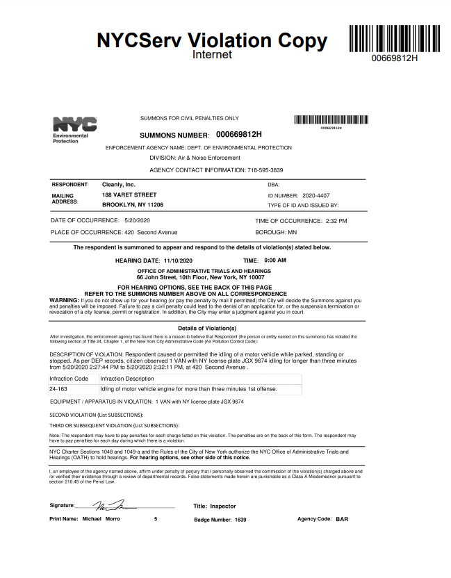 NycOath's tweet photo. @Cleanly A truck owned CLEANLY INC was cited for idling in NYC, Summons # 000669812H issued by the DEP, currently in default and past due. 
To view details, remit payment, or reschedule hearing, please visit:
https://t.co/lBPeidsyQQ https://t.co/RAabsz19vQ