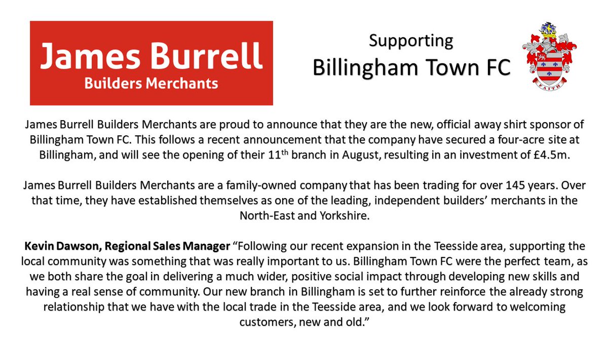 BillinghamTown's tweet image. SPONSOR ANNOUNCEMENT.
Billingham Town FC are proud and pleased to announce @jamesburrellltd as the official sponsor for the Billingham Town FC away shirt. We welcome them to the club.

Connect with them:-
facebook.com/jamesburrellbu…