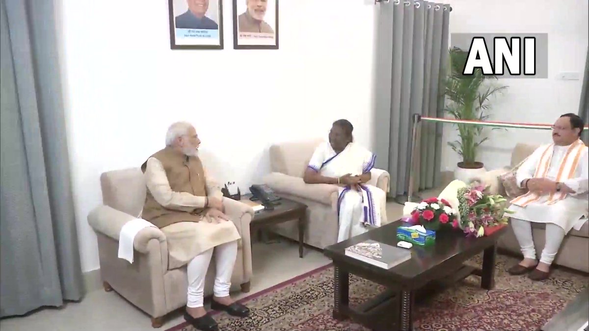 ANI's tweet photo. Delhi | Prime Minister Narendra Modi greets and congratulates #DroupadiMurmu on being elected as the new President of the country. BJP national president JP Nadda is also present. 

Visuals from her residence. https://t.co/5wrcpCXElC