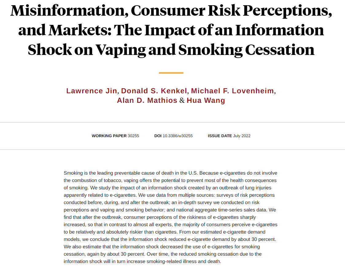 NBER (@nberpubs) on Twitter photo A misinformation shock led consumers to perceive that e-cigarettes are riskier than cigarettes and reduced e-cigarette demand and smoking cessation, from Lawrence Jin, Donald S. Kenkel, Michael F. Lovenheim, <a href="/Adm5Alan/">alan mathios</a>, and Hua Wang nber.org/papers/w30255 A misinformation shock led consumers to perceive that e-cigarettes are riskier than cigarettes and reduced e-cigarette demand and smoking cessation, from Lawrence Jin, Donald S. Kenkel, Michael F. Lovenheim, <a href="/Adm5Alan/">alan mathios</a>, and Hua Wang nber.org/papers/w30255
