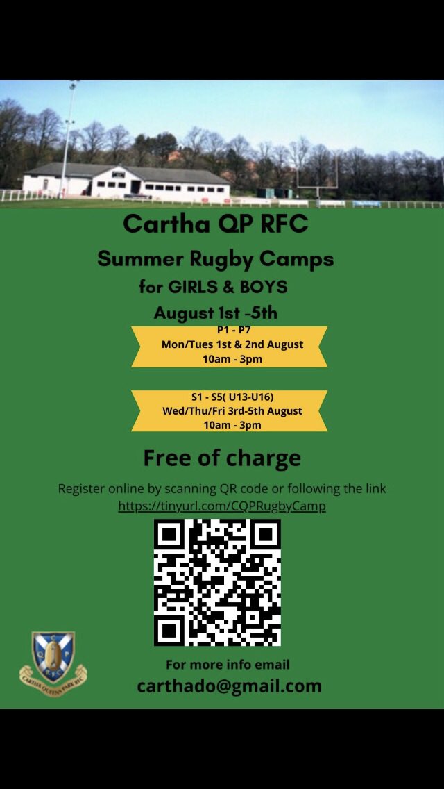 Carthakids's tweet image. Cartha Junior Summer Rugby Camps are back ….1st thru 5th August. Boys and Girls - Minis 1st &amp;amp; 2nd, Midis 3rd thru 5th. Free of charge. Scan QR code to go to registration