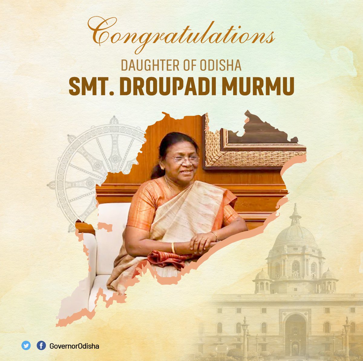 Hon'ble Governor congratulates Smt. #DroupadiMurmu, daughter of #Odisha, on being elected to the highest office of the country. 'She being the first ever tribal #PresidentofIndia is a matter of pride for all of us,' said the Governor while wishing her a fulfilling tenure.