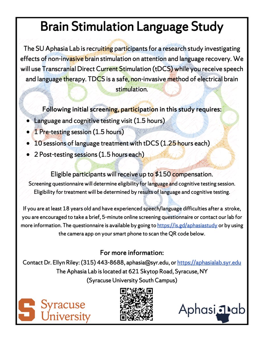 AphasiaLabSU's tweet image. We are still actively recruiting! Contact us if you or a loved one is interested in participating.

We are now recruiting participants with aphasia for brain stimulation language research. Participants compensated up to $150. Learn more at our website: aphasialab.syr.edu