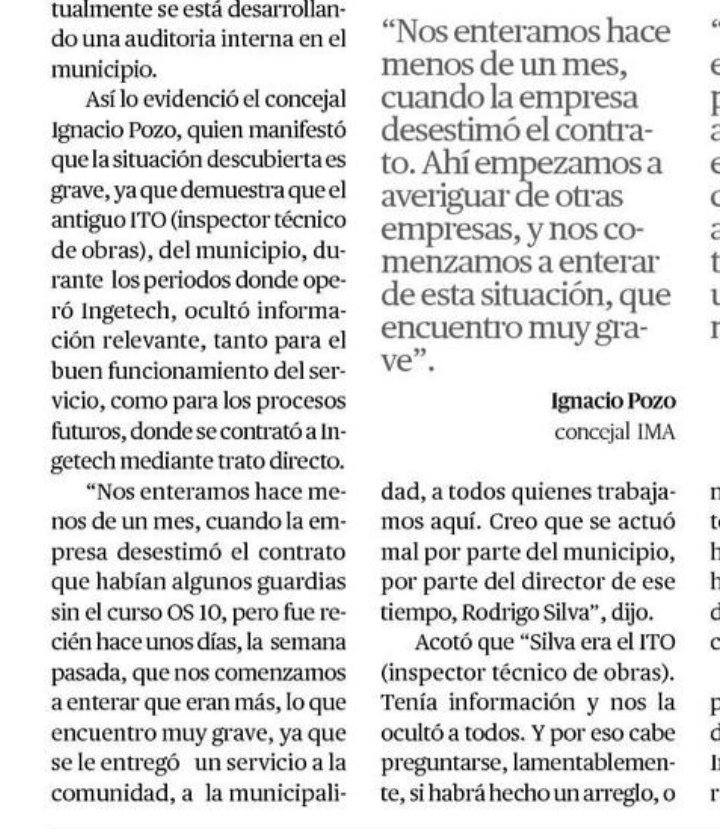 Pediremos que se realice un sumario, tras descubrir que los guardias de la empresa Ingetech, que presta servicios al municipio #Antofagasta, no contaban con cursos OS10. El Inspector técnico de obras y también director en la IMA, #RodrigoSilva, tenía información y nos la ocultó.