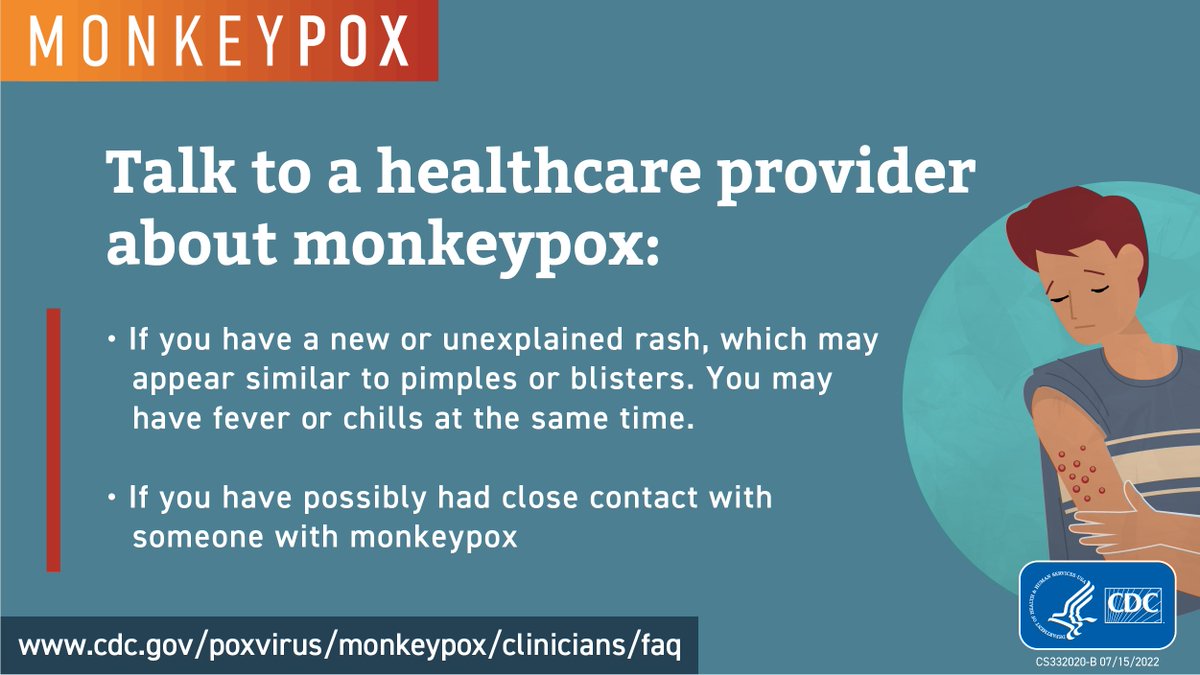 Have a new or unexplained rash, sores, or other symptoms of #monkeypox and believe you may have been exposed to the virus? Contact a healthcare provider for medical attention and evaluation.  bit.ly/3Gt4SaT